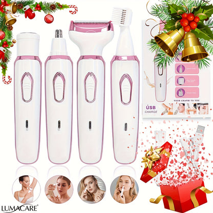 4in1 Women's Electric Hair Remover Multifunctional Women's Electric Shaver Trimmer Set Bikini Line Trimmer for Women USB Rechargeable for Eyebrows, Nose, Face Legs Hair Removal Portable Gentle Perfect Gift for Women