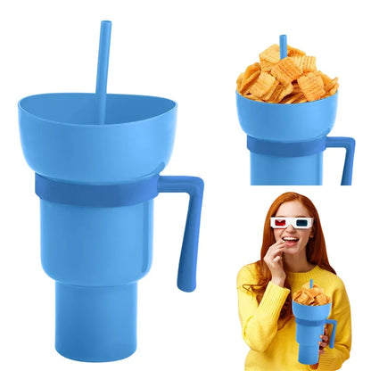 Stadium Tumbler Popcorn Drink Cola Cup 2 In 1 Snackies Cup Portable Splash Snack Bowl Chicken Storage Bowl with Handle Straw Cup