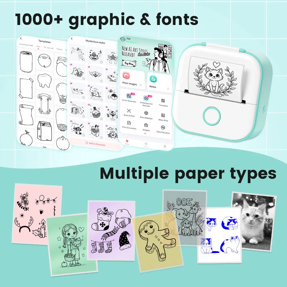 Phomemo T02 Mini Portable Printer Wireless Bluetooth Thermal Printer 53mm Self-Adhesive DIY printing Gift Handbook Labels