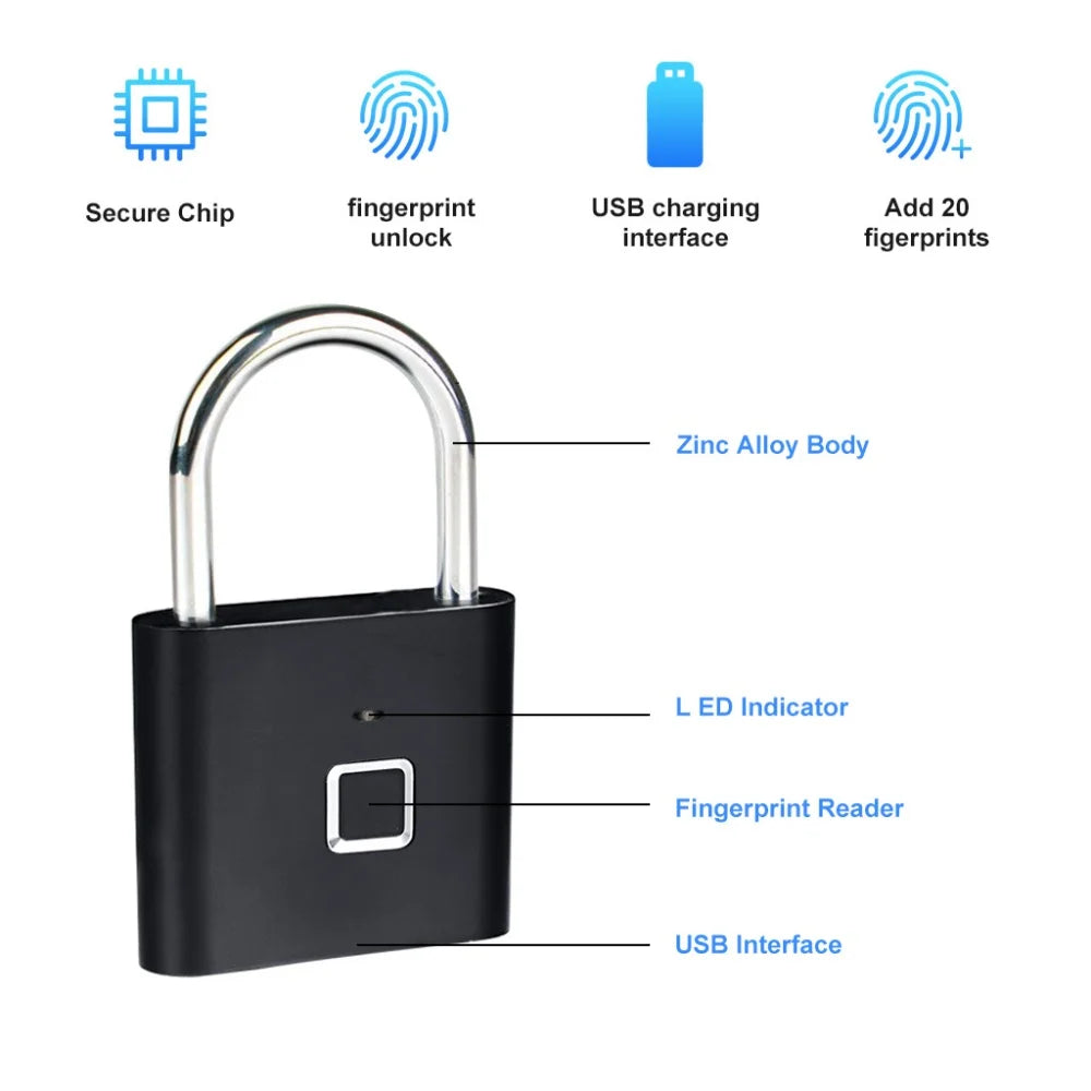 Fingerprint Lock Keyless Waterproof Anti-Theft Smart Lock Fingerprint Padlock Zinc Alloy Intelligent Safety Electronic DoorLock